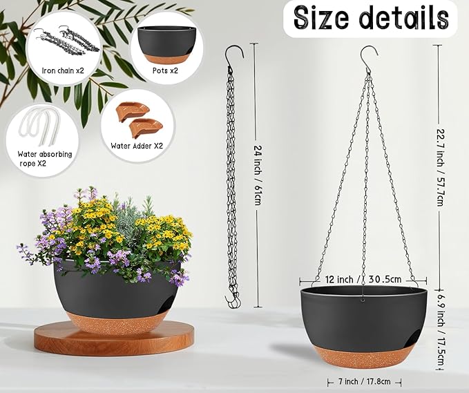 2 Pack 12 Inch Large Hanging Planters with Chains Self Watering Black Brown Plastic Hanging Pots for Indoor Outdoor Plants, Garden Porch Home Decor，Black Brown-HomvellaHome