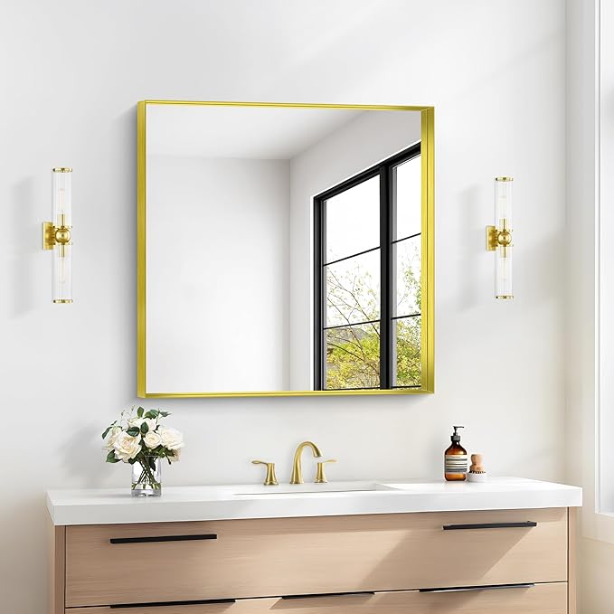Gold Bathroom Mirror, 30x30 Inch Rectangular Framed Mirror, Large Wall Mounted Bathroom Vanity Mirror Over Sink for Bedroom,Restroom, Living Room, Hangs Vertically or Horizontally-HomvellaHome