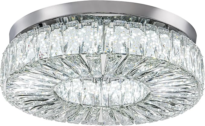 16.5" Crystal Chandelier LED Modern Flush Mount Ceiling Light Fixtures Round Ring Luxury Large Chandelier for Living Room Bedroom Dining Room Entrance (Cool white-16.5")-HomvellaHome