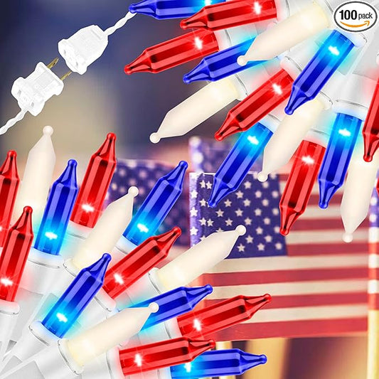 100LIGHTS RED White and Blue Extra-Bright with End Connectors 4th July Decoration Patriotic Mini String Lights 5.98m UL Certified Waterproof for Home Garden Holiday Tree Party Patio-HomvellaHome