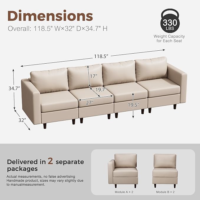 118.5" Faux Leather Modular Sectional Sofa with Storage Seat, Oversized 4 Seater Couch Deep Seat with Removable Cover Whitesand-HomvellaHome