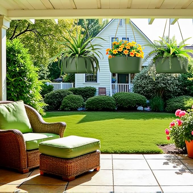 10.7 Inch Hanging Planter for Outdoor Indoor Plants，2 Pack Hanging Flower Pots with Drain Holes for Garden Home Decor Use (Dark Green)-HomvellaHome