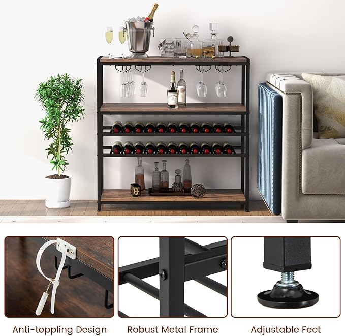 GOFLAME Industrial Wine Rack Table, Wine Bar Cabinet with 2-Tier Wine Rack, 4 Row Glass Holder and Storage Shelves, Freestanding Floor Liquor Storage Stand for Kitchen, Dining Room, Rustic Brown-HomvellaHome