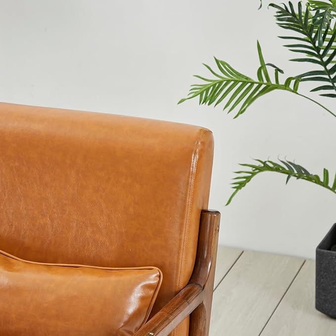 Glitzhome 2 Set Mid Century Yellowish Brown Accent Armchair, Single Reading Armchair PU Leather Lounge Chair with Walnut Ruberwood Frame-HomvellaHome