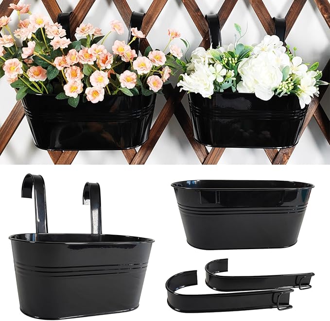 2 Pack Metal Hanging Planter for Outdoor Plants, 10 Inch Black Fence Planters Railing Pots for Garden Patio Balcony Decor, Flower Bucket with Detachable Hooks (Black, 2Pcs)-HomvellaHome