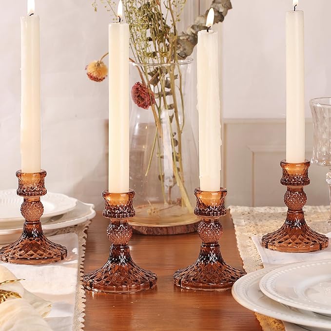 12Pcs Amber Candlestick Holders Set- 4" H Taper Candle Holders Bulk, Glass Candle Holders for Wedding, Party, Fall Dinner Table Centerpieces, Festival Gifts & Windowsill Decor-HomvellaHome