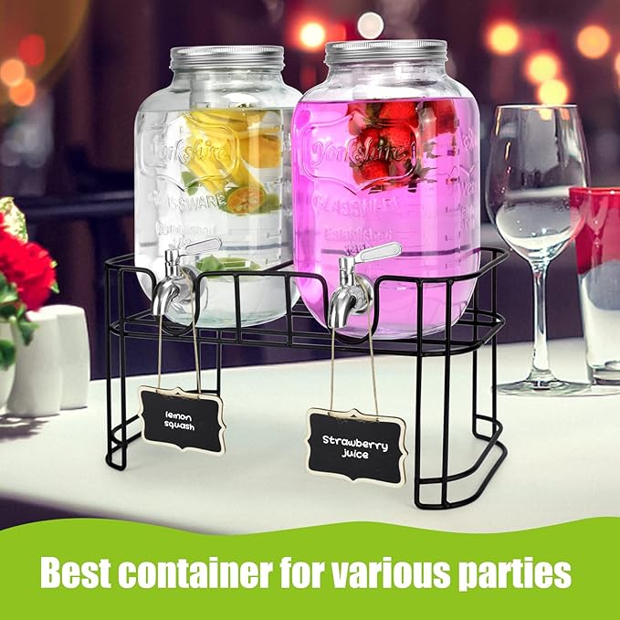 1 Gallon Glass Drink Dispensers For Parties 2PACK.Beverage Dispenser,Glass Drink Dispenser With Stand And Stainless Steel Spigot 100% Leakproof.Lemonade Dispenser With Ice Cylinder.Laundry Detergent-HomvellaHome