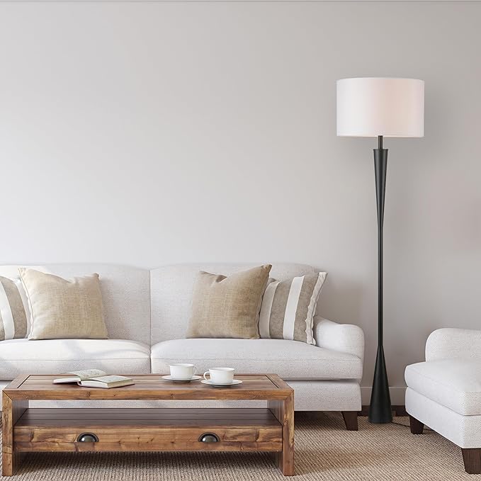 Globe Electric 67224 70" Floor Lamp, Matte Black Finish, White Fabric Shade, Modern Tapered Frame, E26 Base, Contemporary Living Room and Bedroom Lighting-HomvellaHome