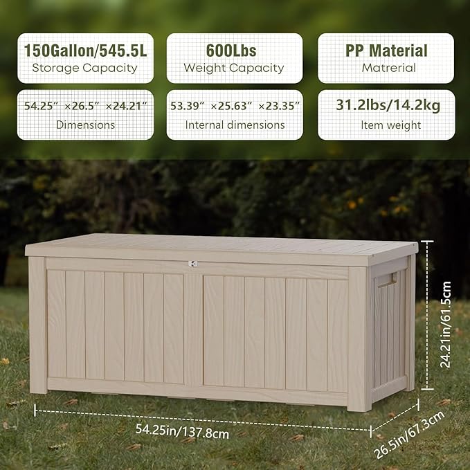 150 Gallon Outdoor Storage Box Waterproof Lockable Resin Deck Box Large, Patio Storage Bin for Pool Accessories Cushion Furniture, Garden Tools, UV-Resistant Outside Delivery Grey-HomvellaHome