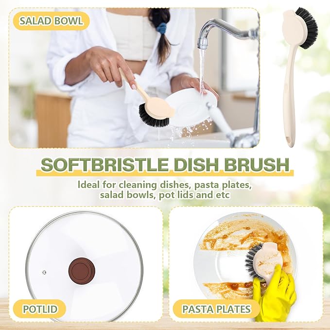 16 Pack Dish Brush with Handle Dish Scrubber Brush with Built-in Scraper Kitchen Scrub with Stiff Bristles Long Scrubber for Home Restaurant Pot Sink Washing Cleaning Supplies, Beige-HomvellaHome