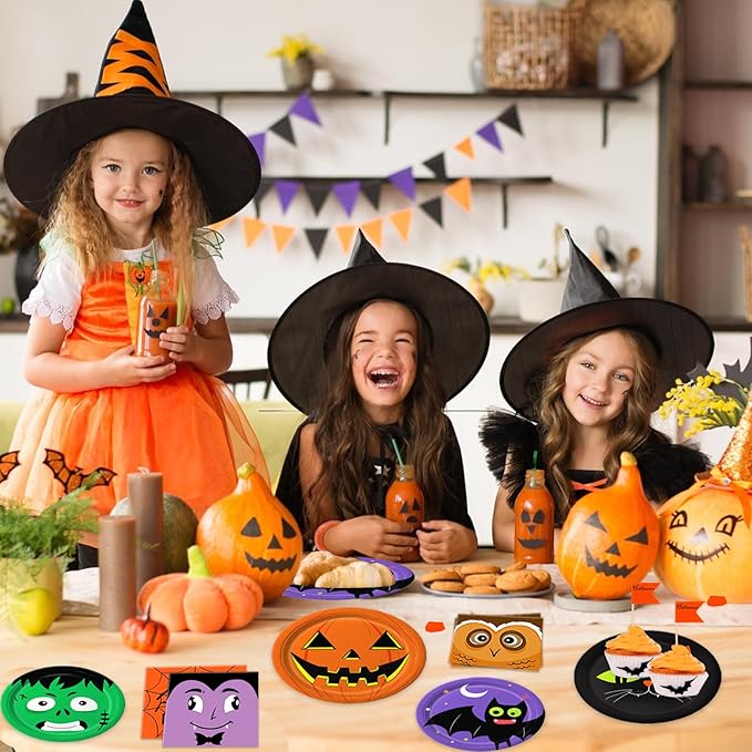 105PCS Halloween Paper Plates Ghosts Pumpkin Skull Spider Web Design for Halloween Party Decorations Supplies, Serves 30-HomvellaHome