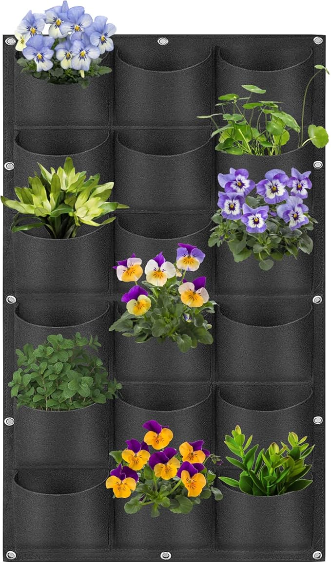 18 Pockets Hanging Planter Bags, Hanging Vertical Wall Mounted Plant Planting Grow Bags, Herb Garden Planter Outdoor Indoor Growing Bag, Gardening Vertical Greening Flower Container(1m×0.5m, Black)-HomvellaHome