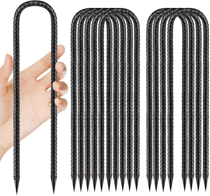 Ground-Stakes-Heavy-Duty-12 inch, U-Hook Rebar Stakes Black Coated Anti-Rust 10pcs Garden Stakes Metal Ground Anchors for Garden Dog Fence Chicken Coop Christmas Decorations Deer Fence-HomvellaHome