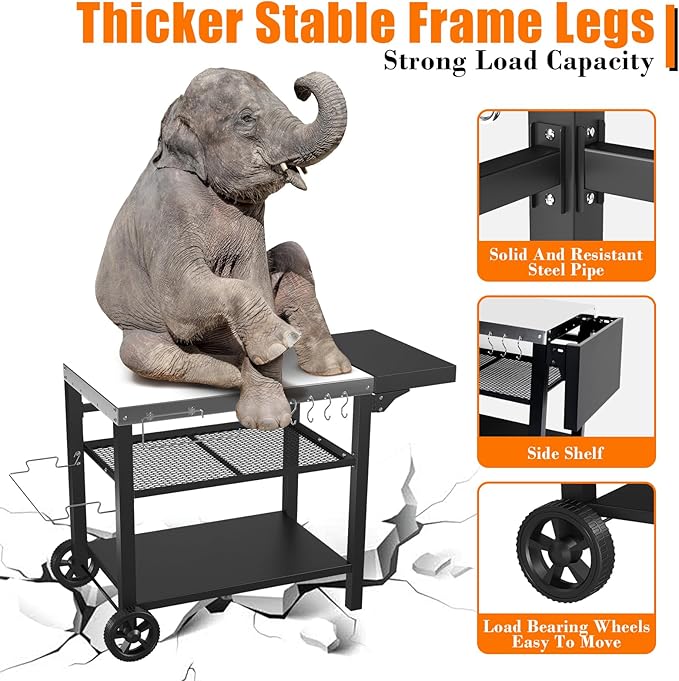 Grill Cart, Outdoor Grill Table, Pizza Oven Stand, Three-Shelf BBQ Table, Movable Dining Cart with Drawer, Fits for Ninja Woodfire Grill, Blackstone Griddle,Tabletop Grill-HomvellaHome