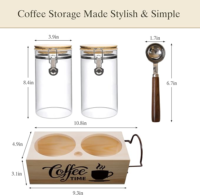 Glass Coffee Canister Set with Shelf & Spoon 2 Piece Coffee Containers for Coffee Bean Storage Airtight Seal, Coffee Bar Accessories Filter Holder for Kitchen Organization-HomvellaHome