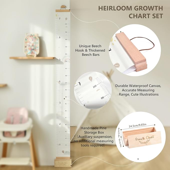 Growth Chart for Wall 7 Ft Height Chart with Keepsake Box & Hook Waterproof Canvas Measure Wall Ruler Removable Neutral Nursery Wall Decor for Baby Kids Toddlers-HomvellaHome