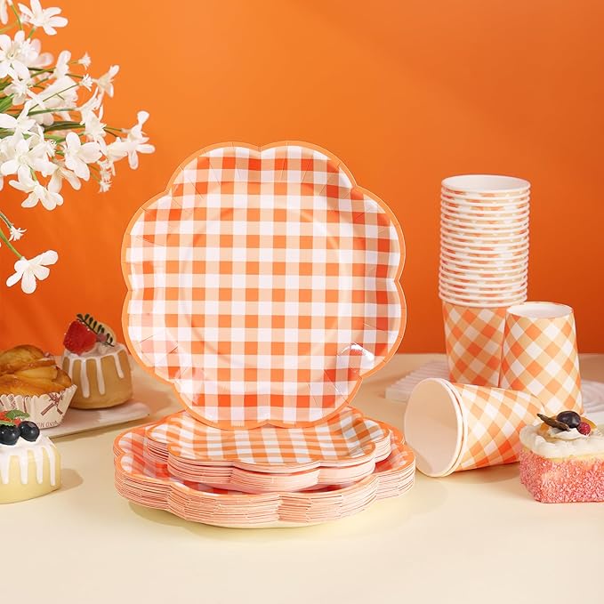 175 Pcs Orange and White Gingham Party Supplies - Orange Gingham Paper Plates and Napkins Sets Serve 25 - Scalloped Checkered Plates for Birthday Picnic Fall Halloween Thanksgivng Party Decorations-HomvellaHome
