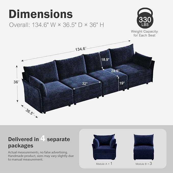 134.6" Modular Sectional Sofa, Oversized 4 Seater Blue Couch with Removable Chenille Fabric Cover, Deep Seat & High Backrest for Living Room, Office & Apartment-HomvellaHome