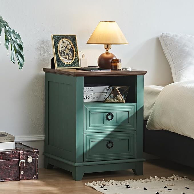 18" Farmhouse Night Stands Set of 2 with Charging Station, 2 Drawers Bedside End Table, Green Wooden Nightstand, Bed Side Table Cabinet with Open Shelf for Bedroom Living Room Office-HomvellaHome
