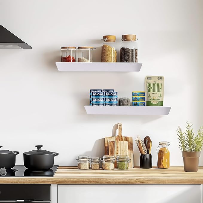 16"x6.8"x1.6" Slanted Floating Wall Shelves 2-Pack - Rustic White Finish, Heavy-Duty Solid Wood Design with Hidden Brackets - Perfect for Living Room, Kitchen, Bathroom, or Office-HomvellaHome