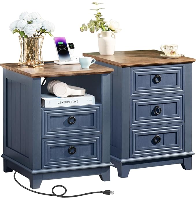 18" Farmhouse Night Stands Set of 2 with Charging Station, 2 & 3 Drawers End Table Dresser for Bedroom, Blue Wooden Nightstand, Bed Side Table with Open Shelf, Bedside Cabinet for Living Room-HomvellaHome