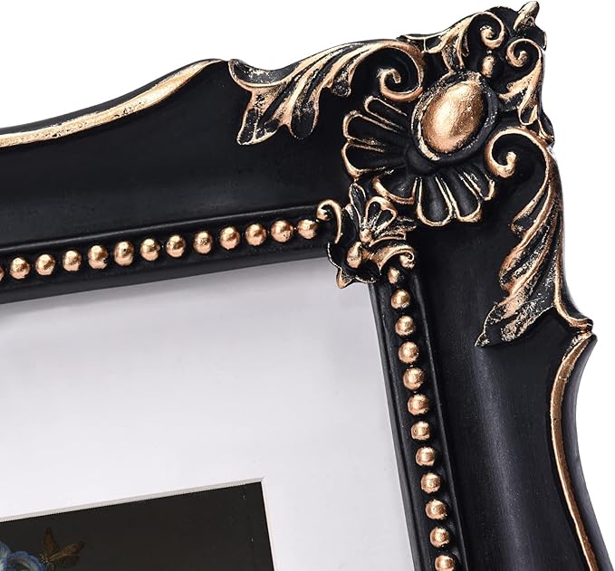 11x14 Vintage Picture Frame with Embossed Flower Design, Black Ornate Frame for 11x14 or 8x10 Pictures with White Mat, Home Decor (Black, 8x10)-HomvellaHome
