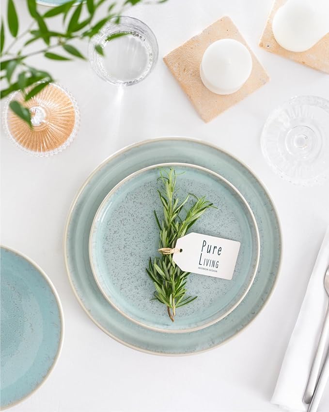 12 Piece Dinnerware Sets for 4 - Modern Style Stoneware Dinnerware Set - Scratch Resistant, Dishwasher, Microwave Safe Plates and Bowls Sets Ceramic, Bowl and Plate Set - Beige and Light Blue…-HomvellaHome