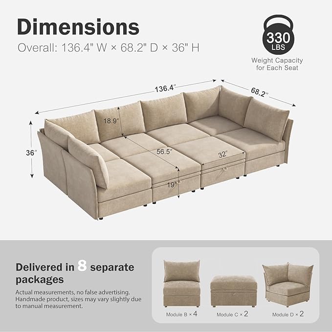 136.4" Oversized Modular Sectional Sleeper Sofa Bed, U Shaped Convertible Couch with Movable Ottoman, Large 8 Seat Corner Couches for Living Room Deep Seat Beige Chenille-HomvellaHome