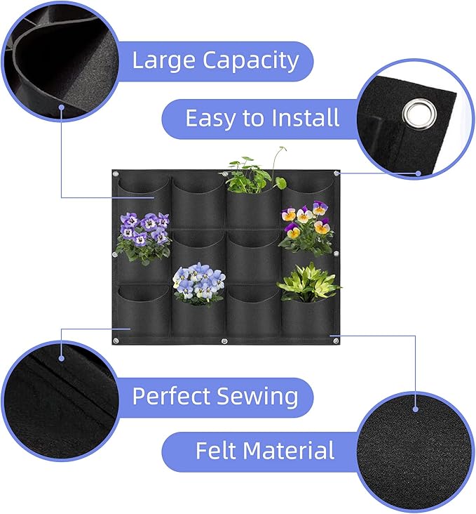 12 Pockets Hanging Planter Bags, Hanging Vertical Wall Mounted Plant Planting Grow Bags, Herb Garden Planter Outdoor Indoor Growing Bag, Gardening Vertical Greening Flower Container(0.6m×0.8m, Black)-HomvellaHome