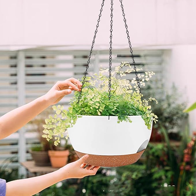 2 Pack Hanging Planters for Indoor Outdoor Plants, 12 Inch Self Watering Hanging Pot with Drainage Holes and Saucer, Plastic Plant Pots, White Brown Flower Pots for Kitchen, Balcony, Garden-HomvellaHome