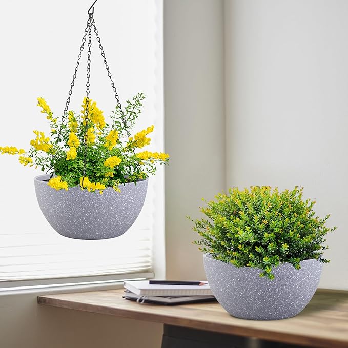 10 inch Hanging Planters for Indoor Outdoor Plants, 2 Pack Hanging Flower Pots with Drainage Holes and Chain for Garden Porch, Plastic Hanging Baskets for House Plants, Speckled Grey-HomvellaHome