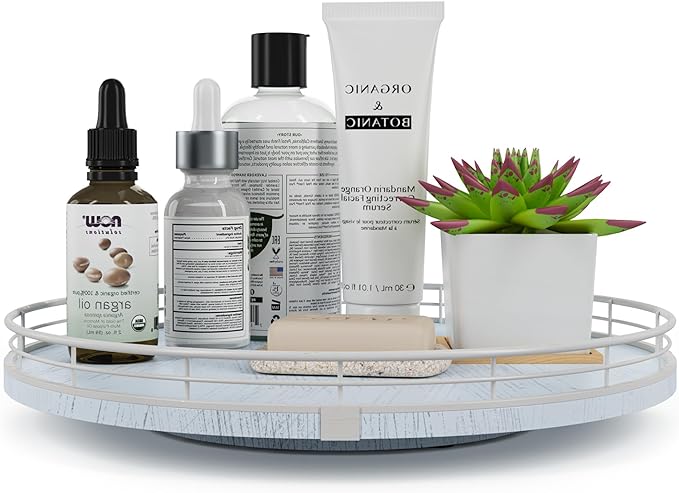 13" Oak Bathroom Vanity Tray Turntable for Perfume Candle, Round Wooden Decorative Tray for Kitchen Sink Countertop Organizer, Bathroom Counter Organizer for Skincare Makeup, Rustic White-HomvellaHome