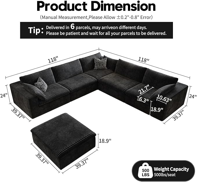 118" Cloud Couch Oversized Modular Sectional Sofa for Living Room,Modern Sofa with Deep Seat，6 Seater Boneless Couch,Comfy Upholstered Corduroy Couches for Apartment, Studio, Office,Bedroom，Black-HomvellaHome
