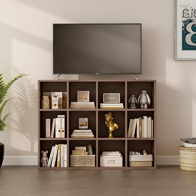 12-Cube Storage Shelf Bookcase - Wooden 3-Tier Floor Standing Open Bookshelf for Home and Office, Cuby Orgainzer, Walnut-HomvellaHome