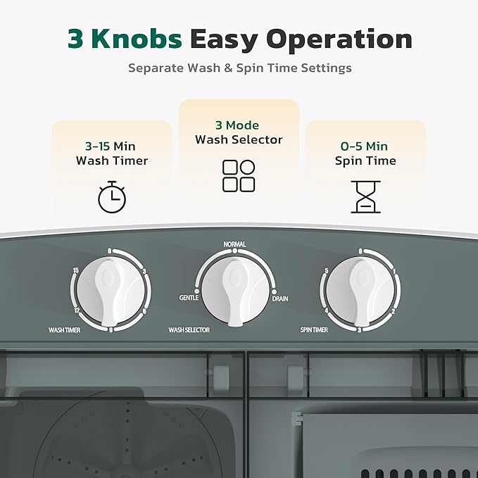 Greenvelly Portable Washing Machine, 16 Lbs Compact Mini Washer and Dryer Combo, Semi-automatic Twin Tub Washer with Drain Pump for Dorms, Apartments, RVs (Grey)-HomvellaHome