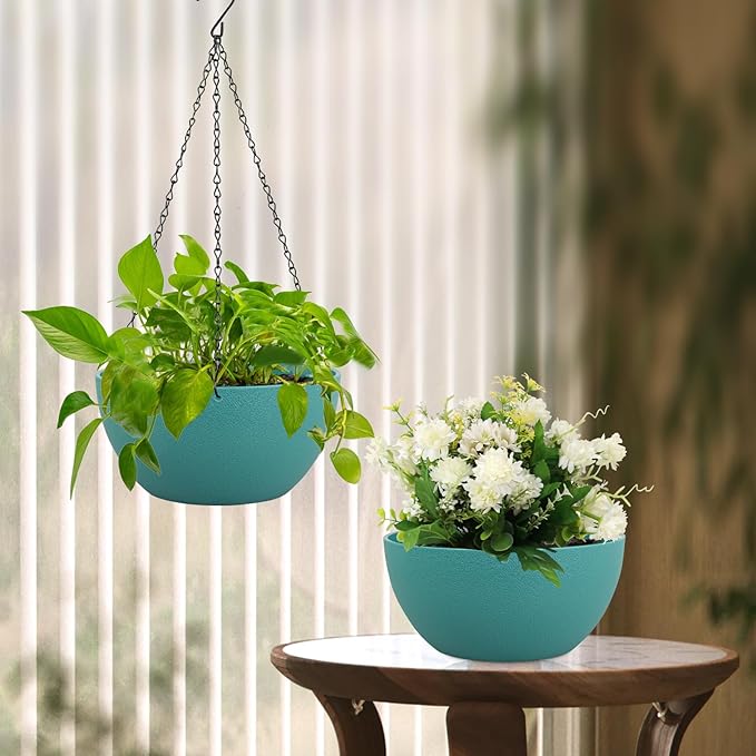 12 inch Large Hanging Planters for Indoor Outdoor Plants, 2 Pack Hanging Flower Plant Pots with Drainage Holes and Chain for Garden Porch, Plastic Hanging Baskets for House Plants, Blue Green-HomvellaHome