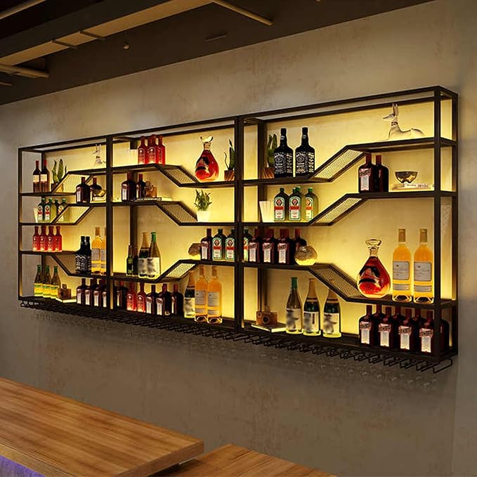105in Large Wall Mounted Wine Rack with LED Light, 5-Tiers Liquor Bottles Display Shelf with Glasses Holder, Metal Home Bar Shelves with Iron Frame for Kitchen Dining Room (Black, 105in/8.72ft)-HomvellaHome