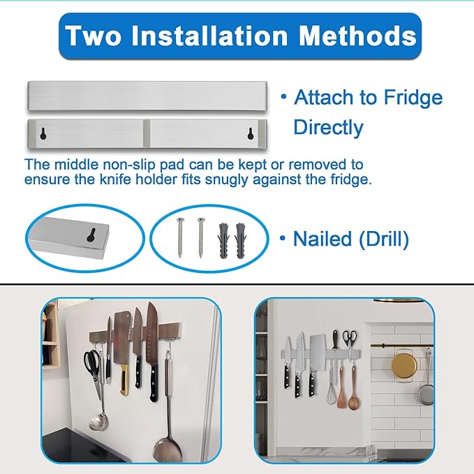 16 Inch Magnetic Knife Holder for Refrigerator - Knife Magnetic Strip for Fridge with Magnetic Hooks - Double Sided Magnetic Knife Bar - Stainless Steel Kitchen Magnetic Knife Hanger Rack-HomvellaHome