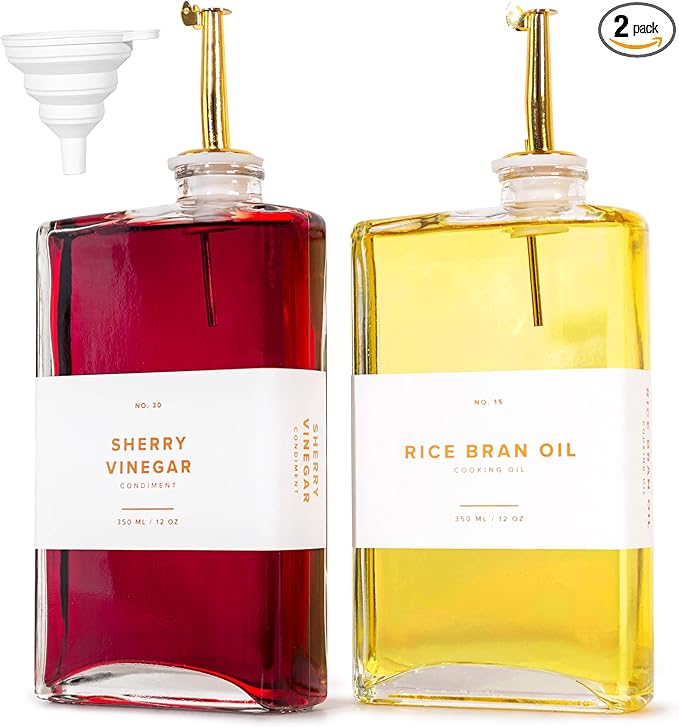 Glass Olive Oil Dispenser Bottle Set [2x17oz]: 36 Premium Gold Labels, Oil Dispenser for kitchen, Vinegar Bottle Set, Glass Dispensers for Soy Sauce, Syrup Bottles | Set of 2-HomvellaHome