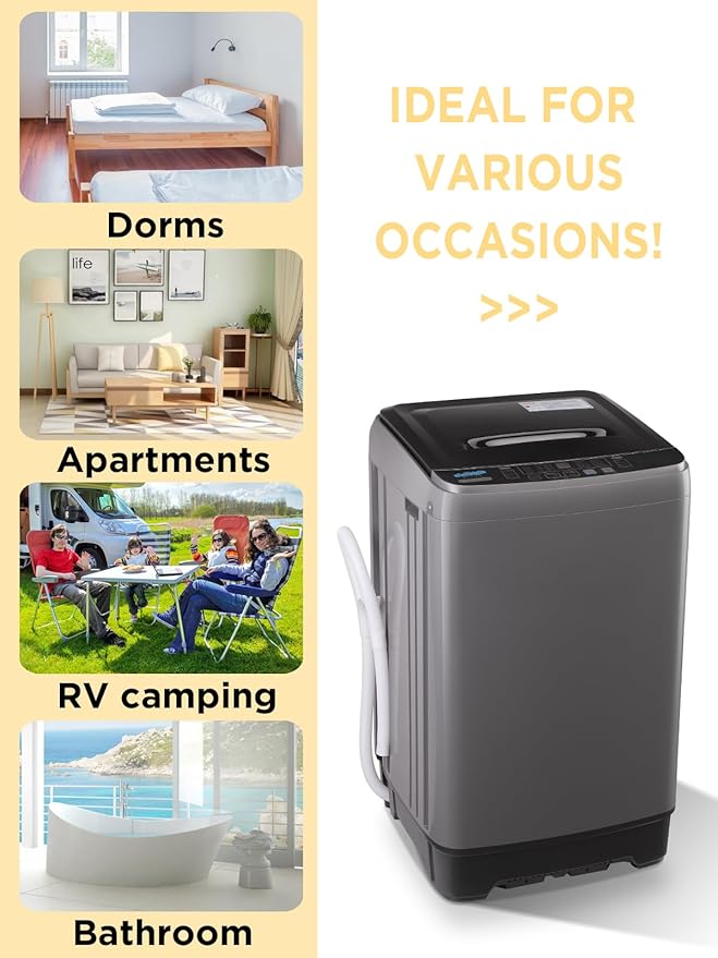17.7 lbs Full-Automatic Washing Machine with LED Display, Portable Compact Laundry Washer with Drain Pump, 10 Wash Programs 8 Water Levels, Grey-HomvellaHome