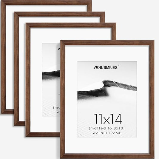 11x14 Picture Frame Set of 4 Natural Solid Walnut Photo Frames with 8x10 Removable Mat Wall Hanging Large Handcrafted Frame with HD Plexiglass Wall and Tabletop Display Large Poster Frame-HomvellaHome