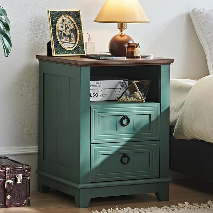 18" Farmhouse Night Stand with Charging Station, 2 Drawers Bedside End Table, Green Wooden Nightstand, Bed Side Table Cabinet with Open Shelf for Bedroom Living Room Office-HomvellaHome