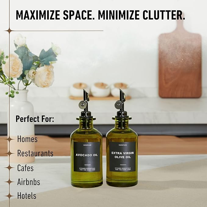 Green Glass Olive Oil Dispenser Bottle For Kitchen By Verpsace,Avocado Oil Dispenser Set, Modern Decor, Gold Kitchen Accessories for Home, Airbnb, Cafe (Black, Set of 2)-HomvellaHome