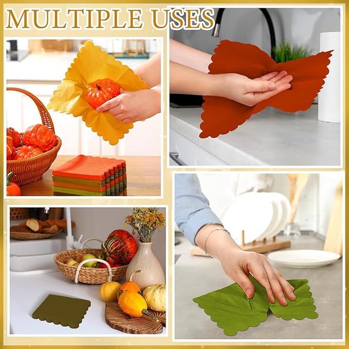 150 Pcs 5 x 5 Inches Fall Thanksgiving Paper Napkins Scalloped Cocktail Napkins Disposable Autumn Harvest Party Supplies Dessert Beverage Bathroom Table Dinner Wedding Decor-HomvellaHome