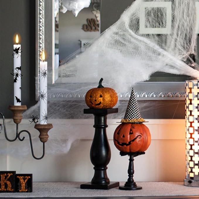 GenSwin Flameless Taper Candles with Remote Timer, 6Pcs LED Flickering Taper Candles Battery Operated Real Wax with Spider Webs/Skull/Bats Decals for Halloween Spooky Decoration (White, 0.78”x9.65”)-HomvellaHome