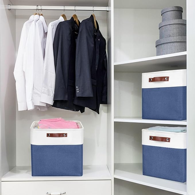 13x13 Cube Storage Bins, Collapsible Fabric Storage Box, 4 Pack Closet Baskets with Handles for Organizing, Shelf, Toys, Clothes, Home, Office, Nursery (NavyBlue&White)-HomvellaHome