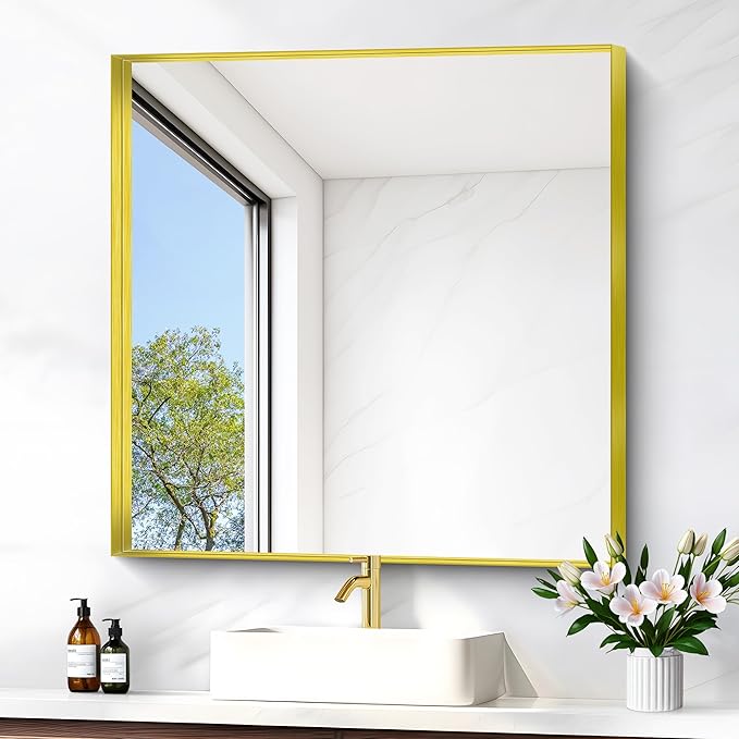 Gold Bathroom Mirror, 30x30 Inch Rectangular Framed Mirror, Large Wall Mounted Bathroom Vanity Mirror Over Sink for Bedroom,Restroom, Living Room, Hangs Vertically or Horizontally-HomvellaHome