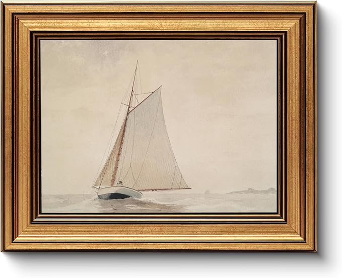Gold Framed Vintage Wall Art for Living Room, Seaview Painting Prints Shelf Decor for Kitchen, Aesthetic Bedroom Wall Art, Christmas Gifts for Friends or Family (White Sailboat - 8"x10")-HomvellaHome