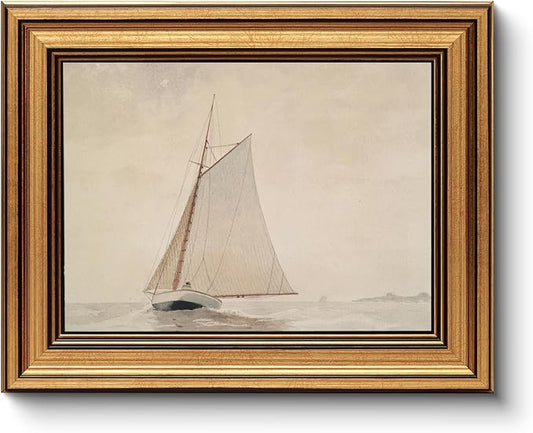Gold Framed Vintage Wall Art for Living Room, Seaview Painting Prints Shelf Decor for Kitchen, Aesthetic Bedroom Wall Art, Christmas Gifts for Friends or Family (White Sailboat - 8"x10")-HomvellaHome