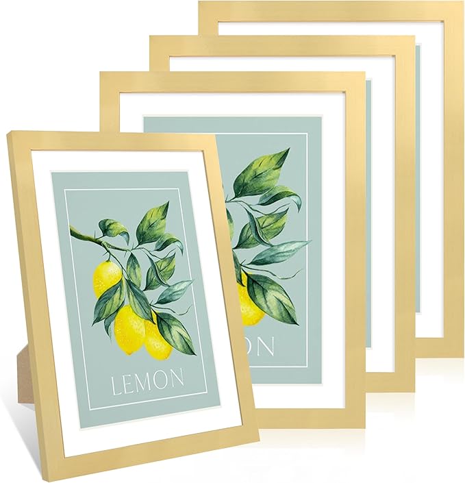 10x14 Picture Frame Set of 4, 10 x 14 Wood Photo Frames with Mat for 8x12 or 30x40cm Diamond Painting Art, Wooden Frame with Real Glass Cover for Wall and Tabletop Display,Gold-HomvellaHome